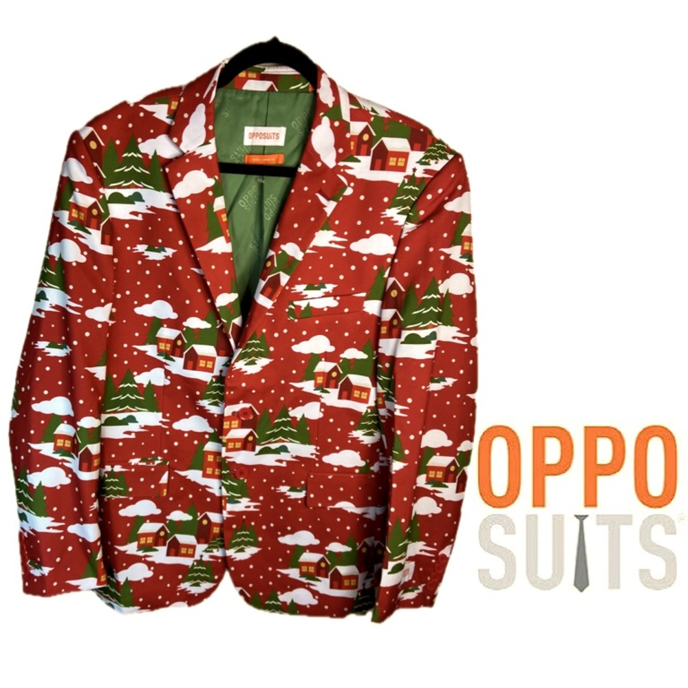 OPPOSUITS Christmas Blazer Snowy Village & Christmas Trees Sz Large US 42-44